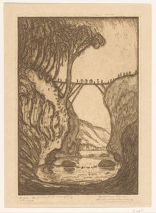 Houten brug over een rivierkloof op Bali door Wijnand Otto Jan Nieuwenkamp (signed by artist)