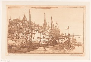 Schip met brandhout aan de oever van de Ganges in Benares door Wijnand Otto Jan Nieuwenkamp (signed by artist)