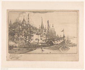Schip met brandhout aan de oever van de Ganges in Benares