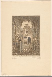 Vrouw in klederdracht die op een voordeur klopt in Edam door Wijnand Otto Jan Nieuwenkamp (signed by artist)