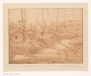 Afgemeerde schepen aan de oever van de Ganges in Benares door Wijnand Otto Jan Nieuwenkamp