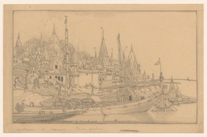 Rivieroever met schepen te Benares