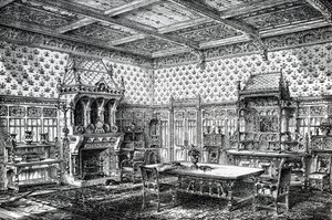 Ontwerp voor een Gotische Eetkamer, gepubliceerd in The House-Furnisher & Decorator, 1 september 1872 door Wilberforce Haddon