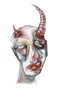 Aquarel: Gezicht met hoorns door Wildemar Doomgriever