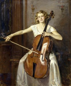 Portret van Florence Hooton die cello speelt door Wilfred Gabriel de Glehn