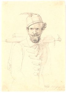 Zelfportret met rugzak door Wilhelm Bendz