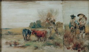 Dubbelbeeld: Koeien in de wei, twee boeren in gesprek door Wilhelm Busch