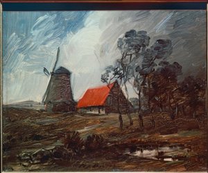 Herfstlandschap met windmolen en rood huis