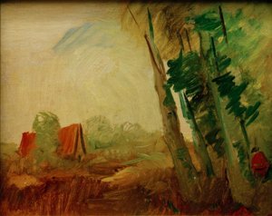 Rood Huis in het Veld voor Bosrand rechts door Wilhelm Busch