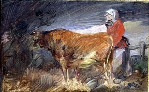 Vrouw en een koe in een landschap