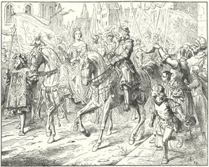 Aartshertog Maximiliaan, de toekomstige Heilige Roomse keizer Maximiliaan I, met zijn bruid, Maria van Bourgondië, in Gent door Wilhelm Camphausen