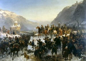 Blücher steekt de Rijn over bij Kaub op 1 januari 1814, 1860 door Wilhelm Camphausen
