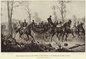 Keizer Napoleon begeleid naar Koning Willem door Prins Bismarck op de ochtend na de Slag bij Sedan