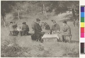 Jachtpartij - Keizer Franz Joseph aan tafel met prins Leopold van Beieren en Groothertog Ferdinand IV van Toscane
