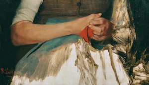 Twee handen met rode doek op blauwe schort door Wilhelm Maria Hubertus Leibl