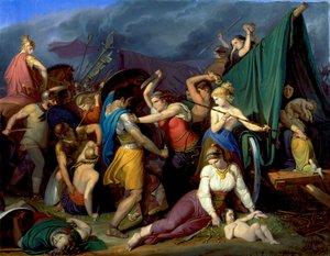 De vrouwen van de Cimbri, hun wagenburg verdedigend tegen de Romeinen