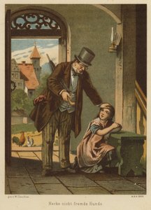 Vader troost zijn dochter nadat ze de gevolgen van het plagen van een hond heeft ondervonden door Wilhelm Ludwig Heinrich Claudius