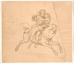 De Ontvoering. Rijdend paar, op de achtergrond kasteel of slot door Wilhelm Marstrand