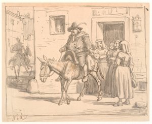 Don Quichot en Sancho Panza verlaten de herberg door Wilhelm Marstrand