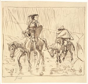 Don Quichot en Sancho Panza rijden in de regen