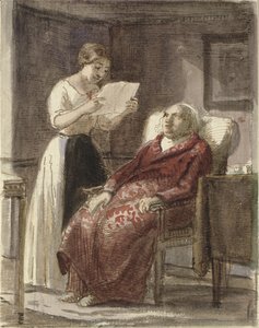 Een jong meisje leest een brief voor aan een oude man in een rode kamerjas