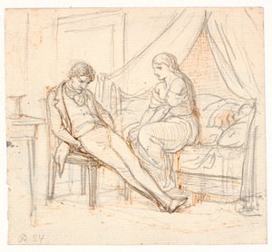 Interieur met sombere jonge man en een meisje op een bed door Wilhelm Marstrand
