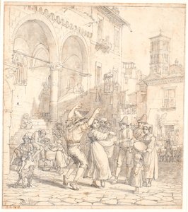 Italiaanse straatmuzikanten op een plein door Wilhelm Marstrand