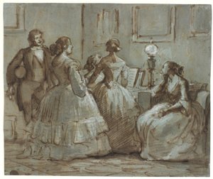 Kopenhaagse gezelschapsscene, er wordt muziek gemaakt door Wilhelm Marstrand