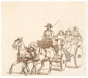 Landauer. Koetsier met driehoekige hoed, heer en bediende