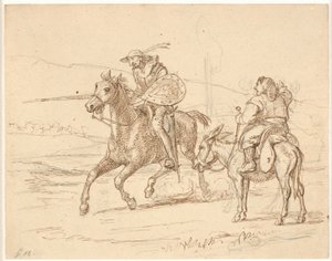 Terwijl Sancho toekijkt, gaat Don Quichot in de aanval door Wilhelm Marstrand