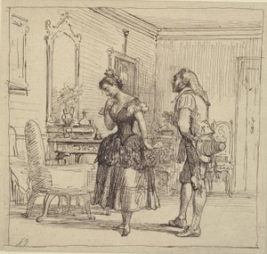 Rosina geeft Figaro de brief aan graaf Almaviva (De barbier van Sevilla)