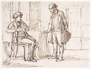 Gesprek tussen een zittende jongere en een staande oudere man door Wilhelm Marstrand