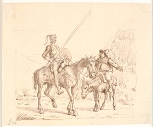Sancho op de ezel legt Don Quichot iets uit