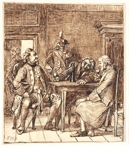 Scène uit de kraamkamer. Corfitz drinkt Rijnwijn met de officier en Jens Olsen door Wilhelm Marstrand