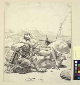 Slapend meisje en oude visser op het strand door Wilhelm Marstrand