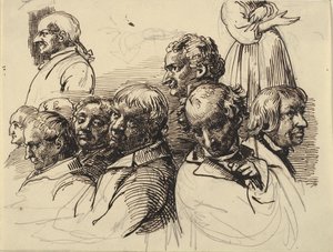 Studieblad met acht mannenhoofden en een vrouw zonder hoofd door Wilhelm Marstrand