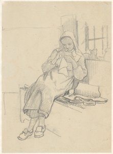 Zweeds meisje met naaiwerk, zittend op een vensterbank door Wilhelm Marstrand