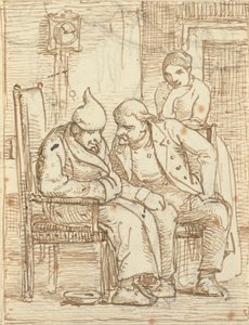 Twee mannen in gesprek, de oude links met een slaapmuts. Ook een vrouw door Wilhelm Marstrand
