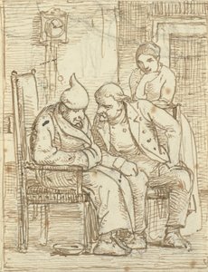 Twee mannen in gesprek, de oude links met een slaapmuts. Ook een vrouw