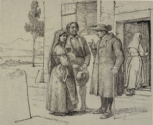 Buiten een huis berispt een priester een jong echtpaar