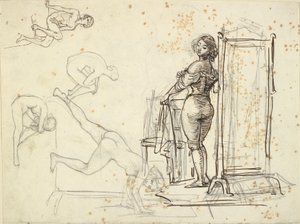 Jong meisje bij het aankleden en vier modelstudies door Wilhelm Marstrand