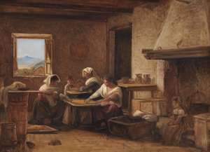 Vrouwen werken in de keuken van een boerderij nabij Olevano, Italië