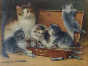 Moederkat en haar kittens spelen in een verfdoos door Wilhelm Schwar