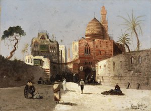 Oriëntaalse Straatscène met Moskee, Minaret en Handelaren op een Voorplein door Wilhelm Sohn