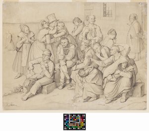 Het gekkenhuis (grafiet op wit velijnpapier, opgeplakt) door Wilhelm von Kaulbach