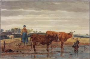 Boerin met Weidevee bij het Water door Wilhelm von Kobell