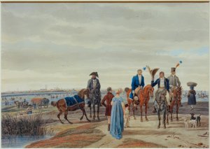 Ontmoeting van een paar met officieren voor München door Wilhelm von Kobell
