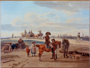 Ruiter, boeren en wagen voor een stad door Wilhelm von Kobell
