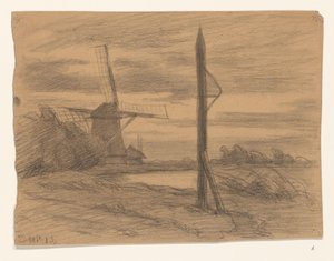Landschap met paal en windmolen