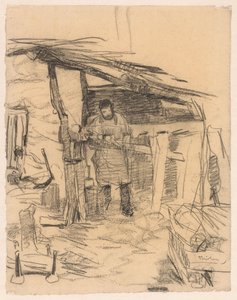 Timmerman bezig met het maken van een geraamte voor een schuur door Willem Bastiaan Tholen